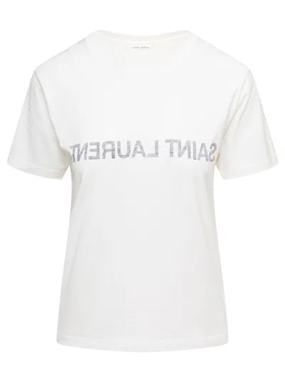 Saint Laurent White Crewneck T-shirt With Reverse Logo In Cotton Woman