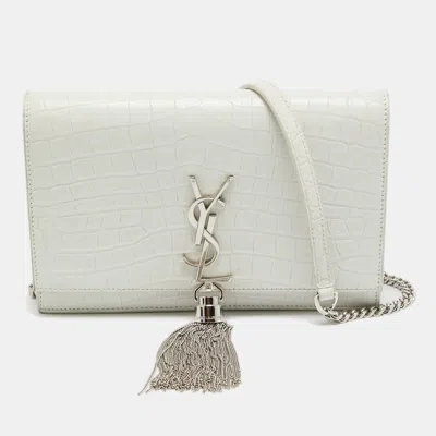 Pre-owned Saint Laurent White Croc Embossed Leather Kate Tassel Chain Wallet