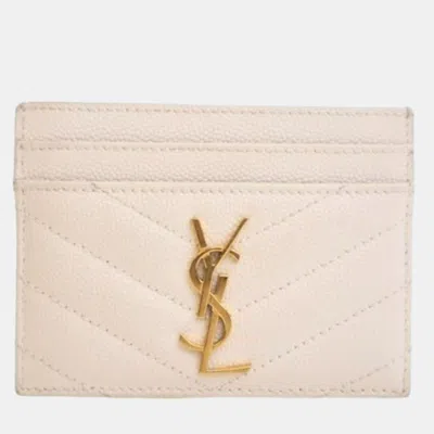 Pre-owned Saint Laurent White Grained Calfskin Card Holder