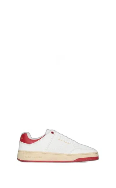 Saint Laurent White Grained Calfskin Sneakers For Women With Red And Gold Details