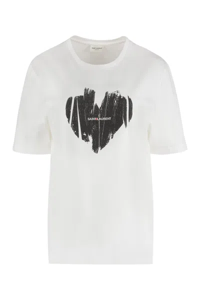 Saint Laurent White Heart Logo Print T-shirt For Women