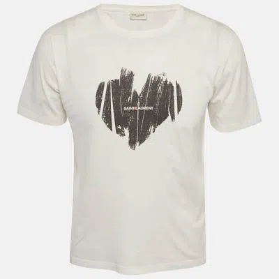 Pre-owned Saint Laurent White Heart Print Jersey T-shirt S