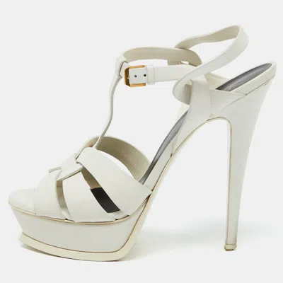 Pre-owned Saint Laurent White Leather Tribute Platform Sandals Size 40