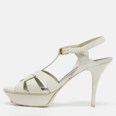 Pre-owned Saint Laurent White Leather Tribute Platform Sandals Size 41