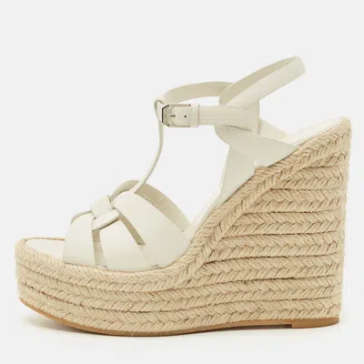 Pre-owned Saint Laurent White Leather Tribute Wedge Espadrille Sandals Size 38