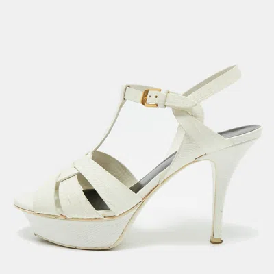 Pre-owned Saint Laurent White Lizard Embossed Leather Tribute Platform Sandals Size 36.5