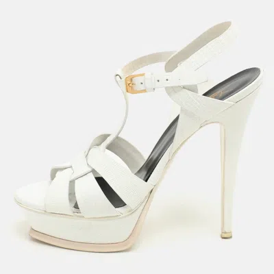 Pre-owned Saint Laurent White Lizard Embossed Leather Tribute Platform Sandals Size 39