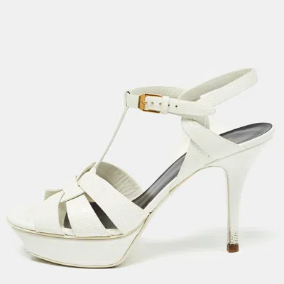 Pre-owned Saint Laurent White Lizard Embossed Leather Tribute Sandals Size 40