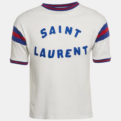 Pre-owned Saint Laurent White Logo Applique Jersey Crewneck T-shirt M