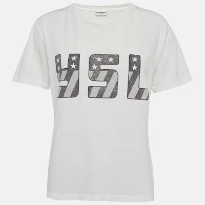 Pre-owned Saint Laurent White Logo Print Cotton T-shirt S
