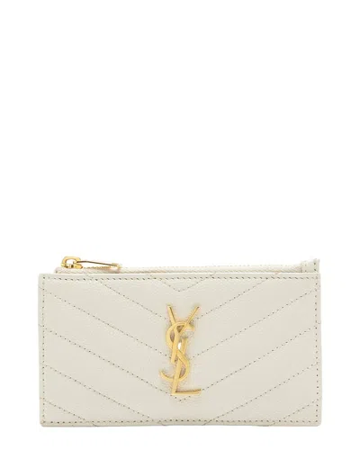 Pre-owned Saint Laurent White Matelasse Grain De Poudre Leather Monogram Fragments Zipper Card Case (authentic