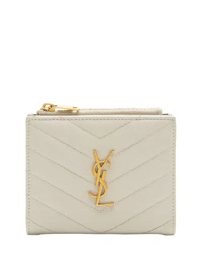 Pre-owned Saint Laurent White Matelasse Grain De Poudre Monogram Zipper Card Case  (authentic Pre-loved)