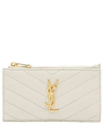 Pre-owned Saint Laurent White Matelassé Leather Fragments Zipper Card Case (authentic  Pre-loved)
