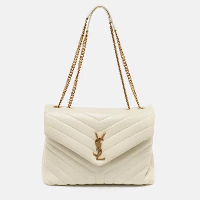Pre-owned Saint Laurent White Matelassé Leather Medium Loulou Shoulder Bag