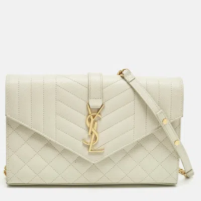 Pre-owned Saint Laurent White Mixed Quilted Leather Envelope Monogram Chain Bag