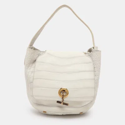 Pre-owned Saint Laurent White Nubuck Croc Embossed Leather Capri Flap Shoulder Bag