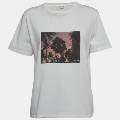 Pre-owned Saint Laurent White Palm Tree Print Distressed Cotton Knit T-shirt L