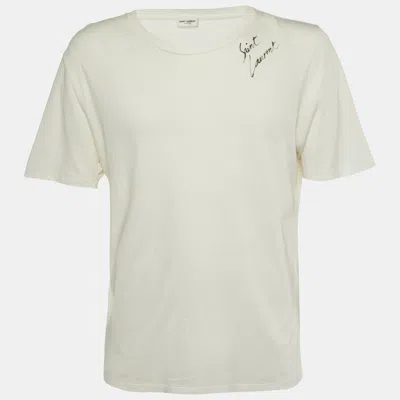 Pre-owned Saint Laurent White Signature Script Cotton Crew Neck T-shirt M