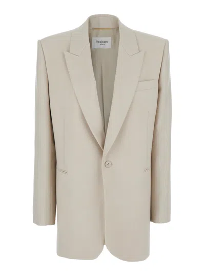 Saint Laurent White Single-breasted Jacket With Peak Revers In Wool Woman In Beige