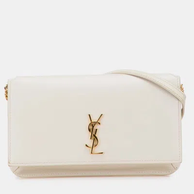 Pre-owned Saint Laurent White Smooth Leather Cassandre Phone Holder