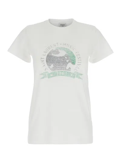 Saint Laurent White T-shirt With Graphic Print On The Front In Cotton Woman In Naturel/vert