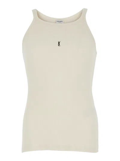 Saint Laurent White Tank Top With Cassandre Detail In Ribbed Cotton Man In Multicolor