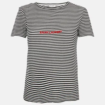 Pre-owned Saint Laurent White/black Stripe Logo Embroidered Jersey T-shirt M