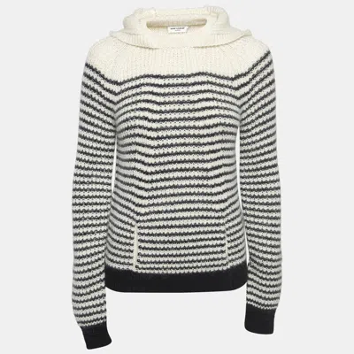 Pre-owned Saint Laurent White/black Stripe Wool Blend Knit Hooded Jumper Xs