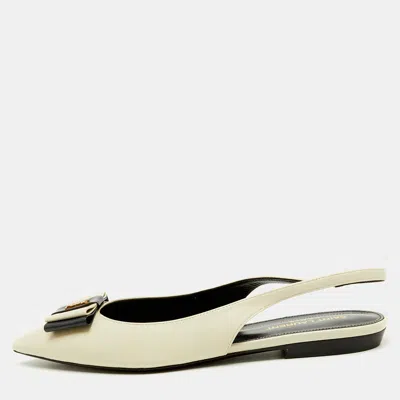 Pre-owned Saint Laurent White/navy Blue Leather Anais Slingback Flats Size 37
