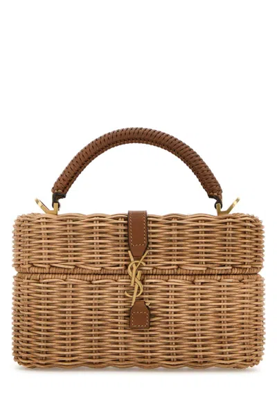 Saint Laurent Gaby Vanity Leather-trimmed Woven Wicker Shoulder Bag In Brown