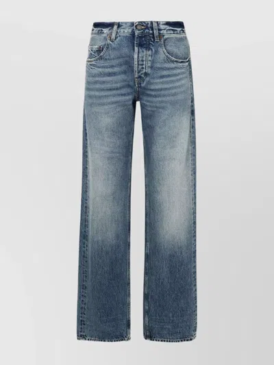 Saint Laurent Wide Leg Faded Denim Trousers With Pockets In Blue