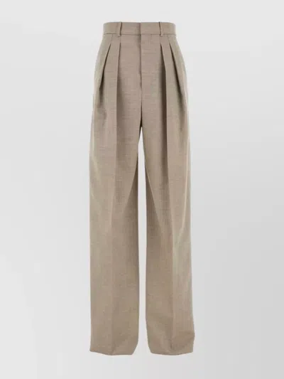 Saint Laurent Wide Leg Pleated Trousers Pockets In Brown