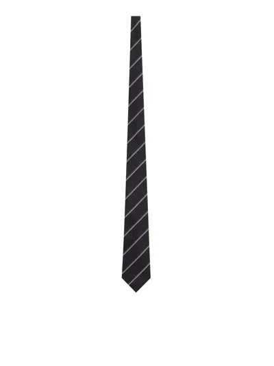Saint Laurent Wide Striped Silk Tie In Gray