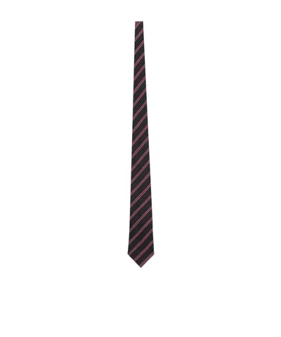 Saint Laurent Wide Tie In Striped Silk Jacquard In Burgundy
