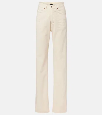 Saint Laurent Leather-trimmed Wide-leg Jeans In Neutral