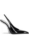 Saint Laurent Pointed Toe Glazed Leather Wedges With Transparent Heel In Black
