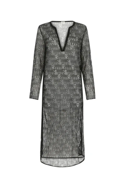Saint Laurent Lace V-neck Dress With Metallic Sleeves In Black