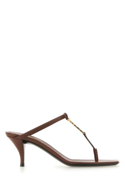 Saint Laurent Cassandra Leather Ysl Thong Mule Sandals In Cigare