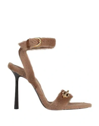 Saint Laurent Woman Sandals Camel Size 7.5 Textile Fibers, Leather In Brown