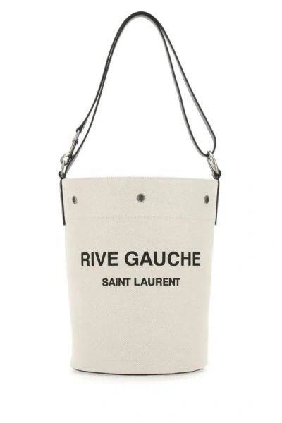 Saint Laurent Woman Two-tone Canvas And Leather Medium Rive Gauche Bucket Bag In Brown