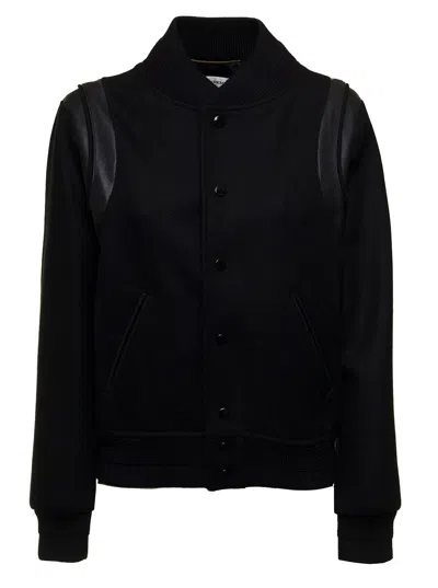 Saint Laurent Womans Versity Black Wool And Leather Bomber Jacket