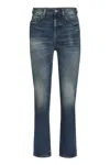 SAINT LAURENT WOMEN'S 5-POCKET STRAIGHT-LEG JEANS WITH CONTRAST STITCHING, COPPER METAL RIVETS AND BUTTON ACCENTS 