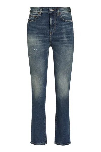 Saint Laurent Women's 5-pocket Straight-leg Jeans With Contrast Stitching, Copper Metal Rivets And Button Accents In Blue