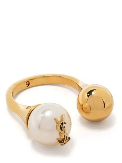 Saint Laurent Cassandre Pearl Ball Ring In Metallic
