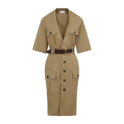Saint Laurent Women Beige Saharienne Cotton Dress In Brown