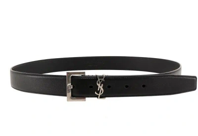 Saint Laurent Women's Black Carree Belt With Silver Buckle In Nero