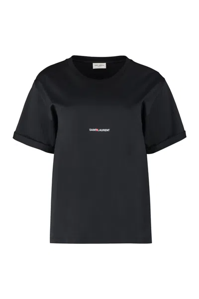 Saint Laurent Black Cotton Logo T-shirt For Women
