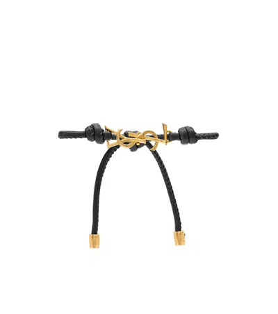 Saint Laurent Cassandre Leather Cord Bracelet In Black