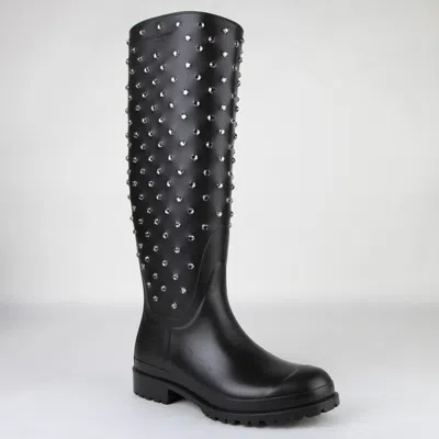 Pre-owned Saint Laurent Women Black Rubber Rain Boots W/crystal Studs 427307 1000
