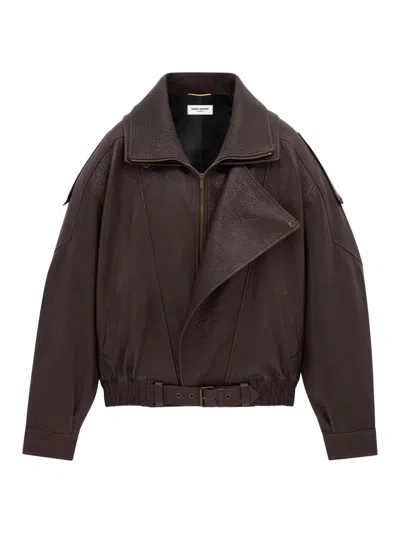 Saint Laurent Women's Bomber Jacket In Lambskin In Brown